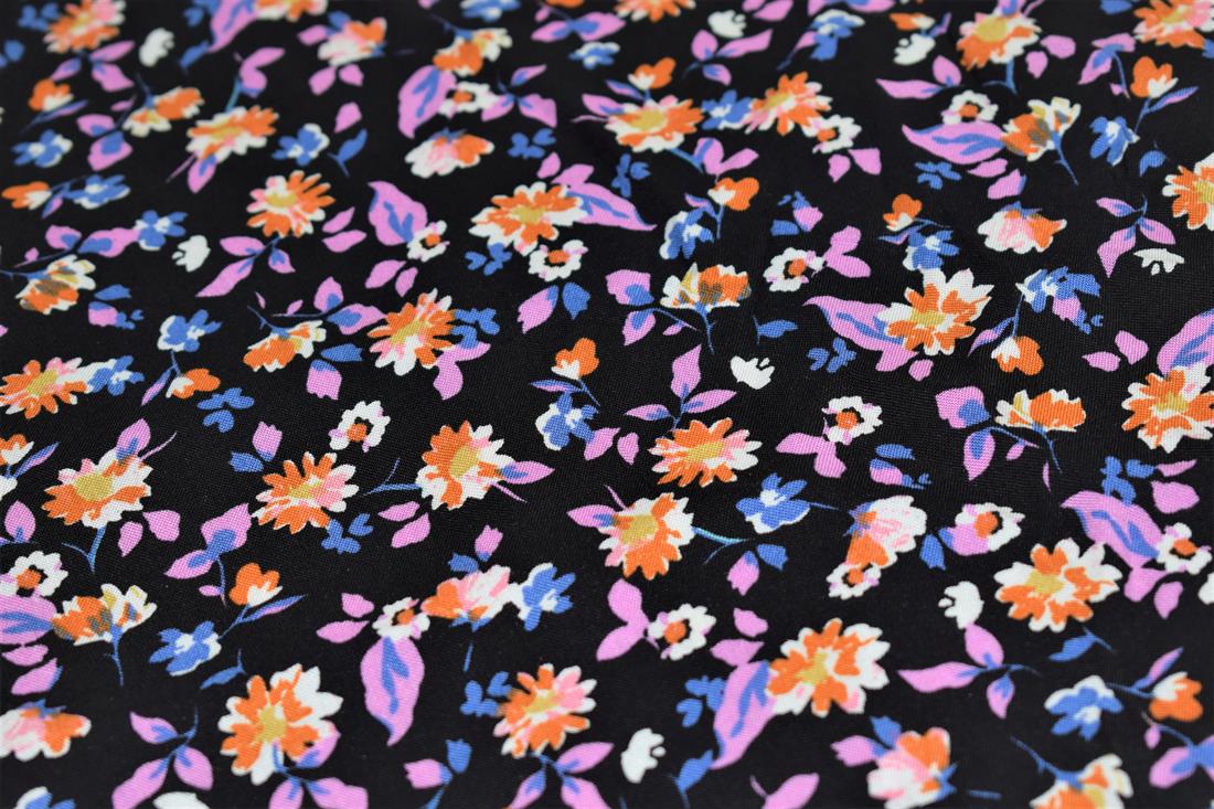 Black Flower Blossom Print Rayon Fabric
