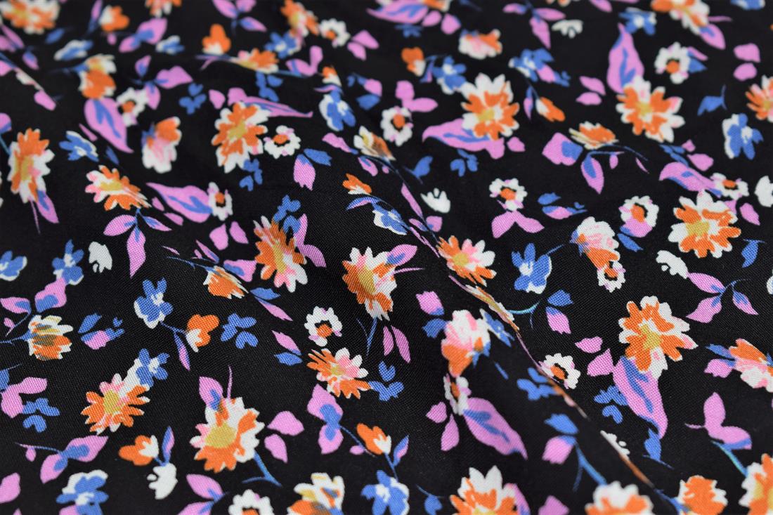 Black Flower Blossom Print Rayon Fabric