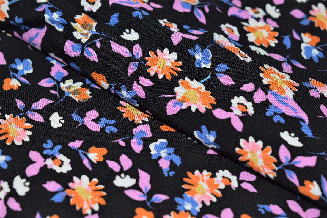 Black Flower Blossom Print Rayon Fabric