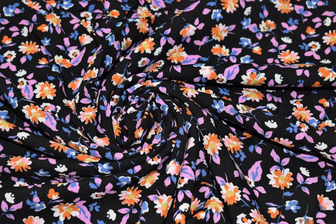 Black Flower Blossom Print Rayon Fabric