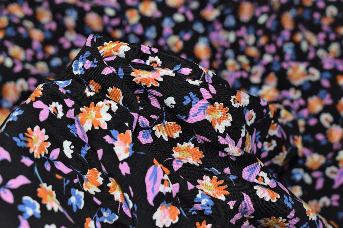 Black Flower Blossom Print Rayon Fabric
