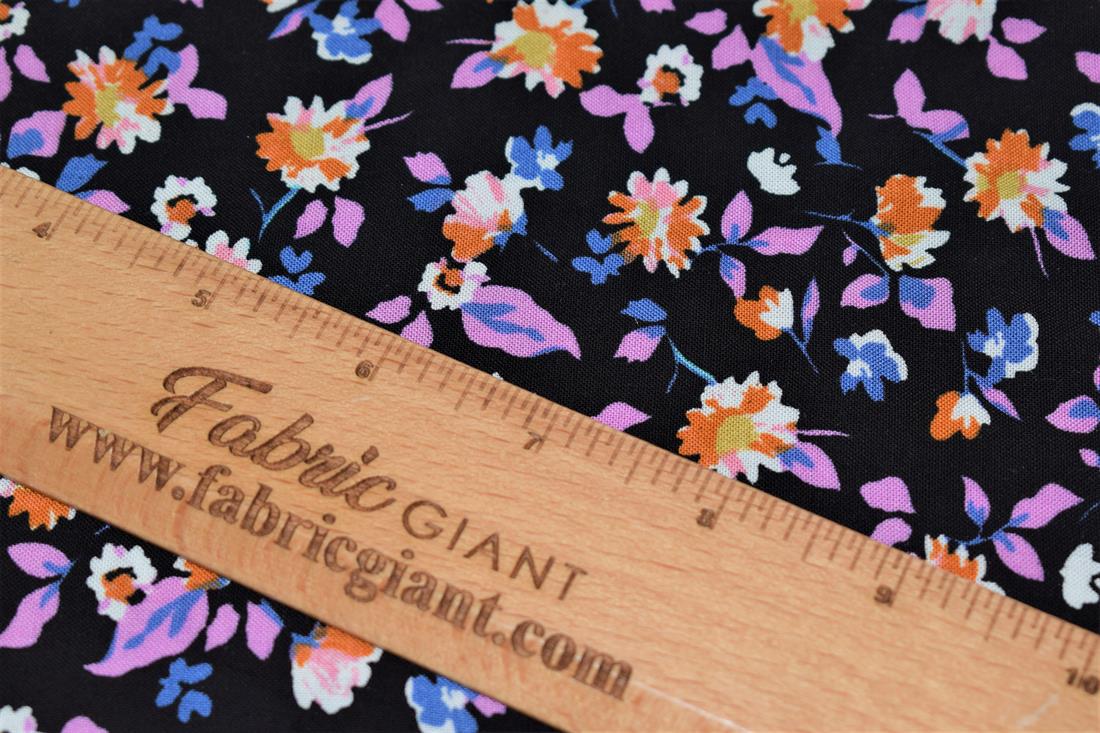 Black Flower Blossom Print Rayon Fabric