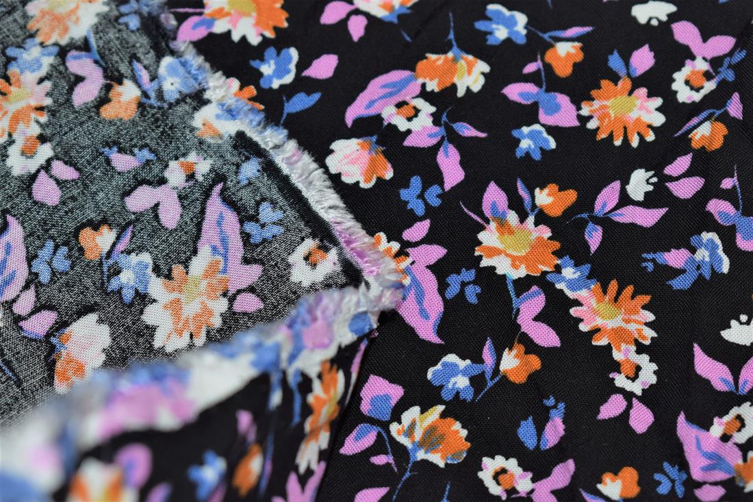 Black Flower Blossom Print Rayon Fabric
