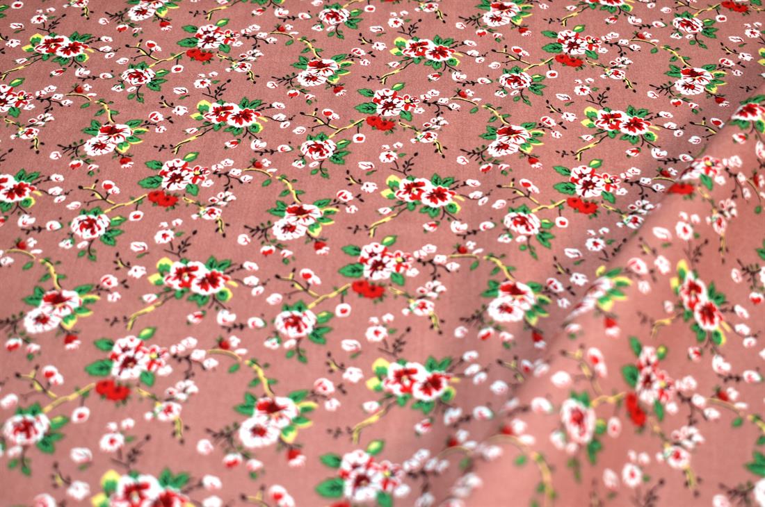 Dusky Pink & Red Printed Floral 100% Viscose Fabric Material