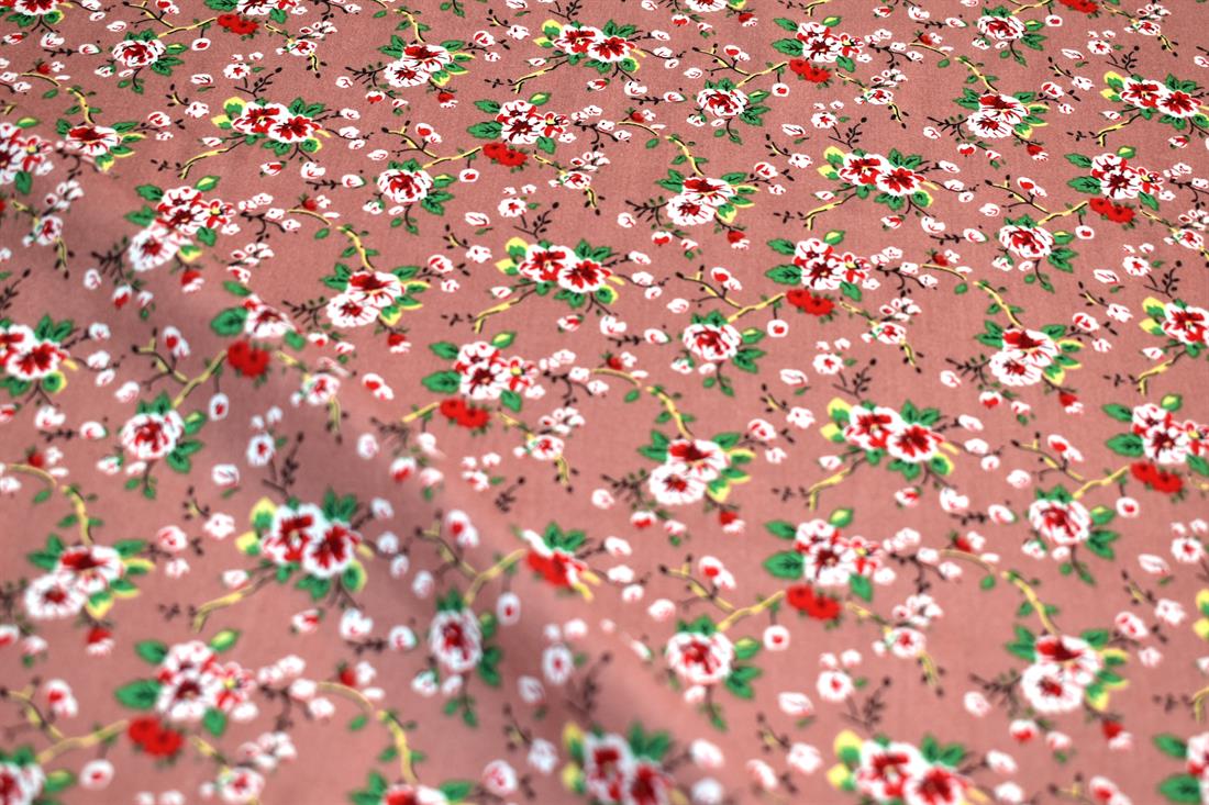 Dusky Pink & Red Printed Floral 100% Viscose Fabric Material