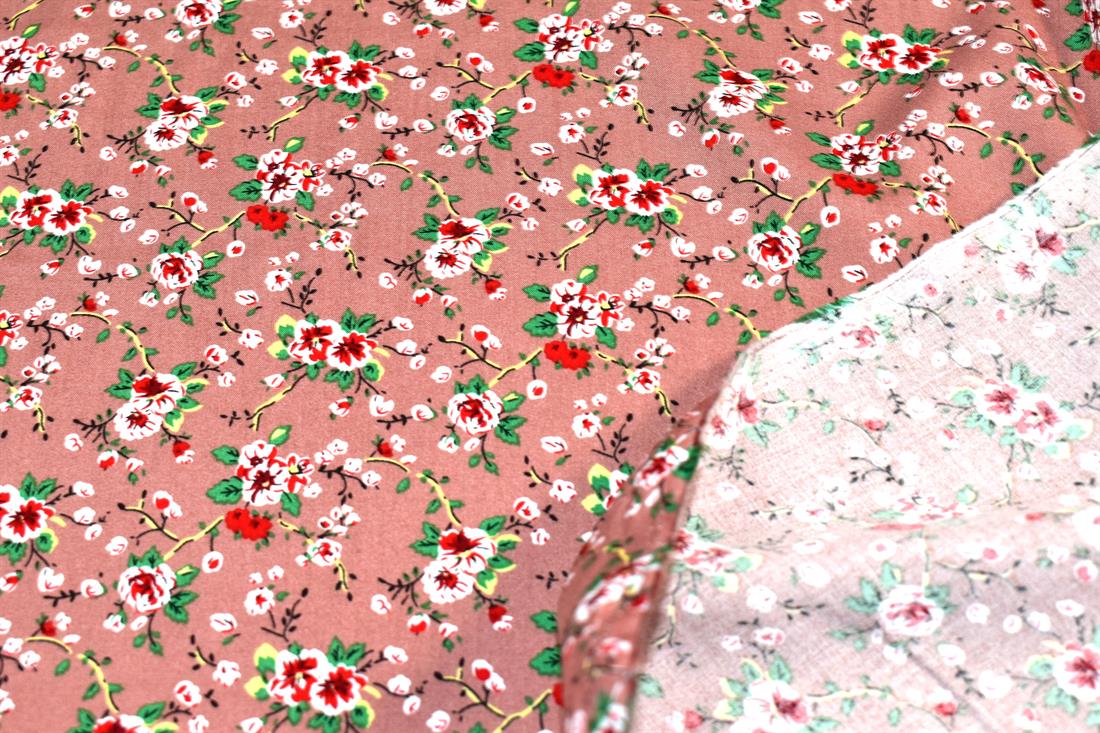 Dusky Pink & Red Printed Floral 100% Viscose Fabric Material