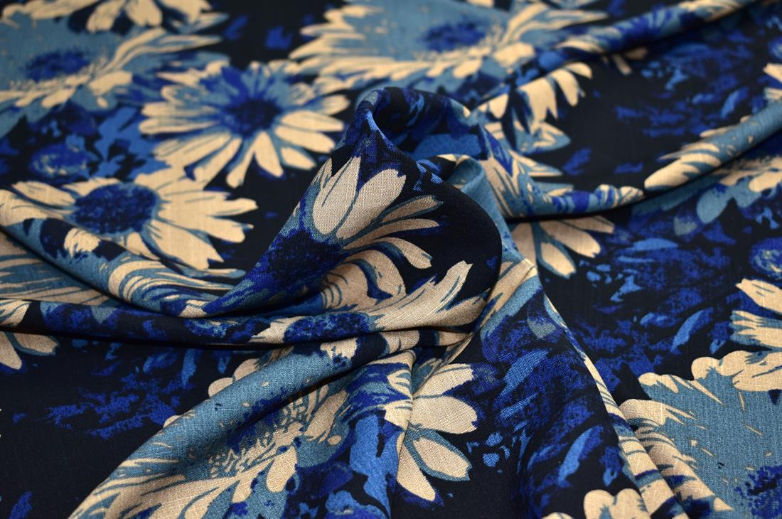 Navy & Beige Printed Floral 100% Viscose Fabric Material