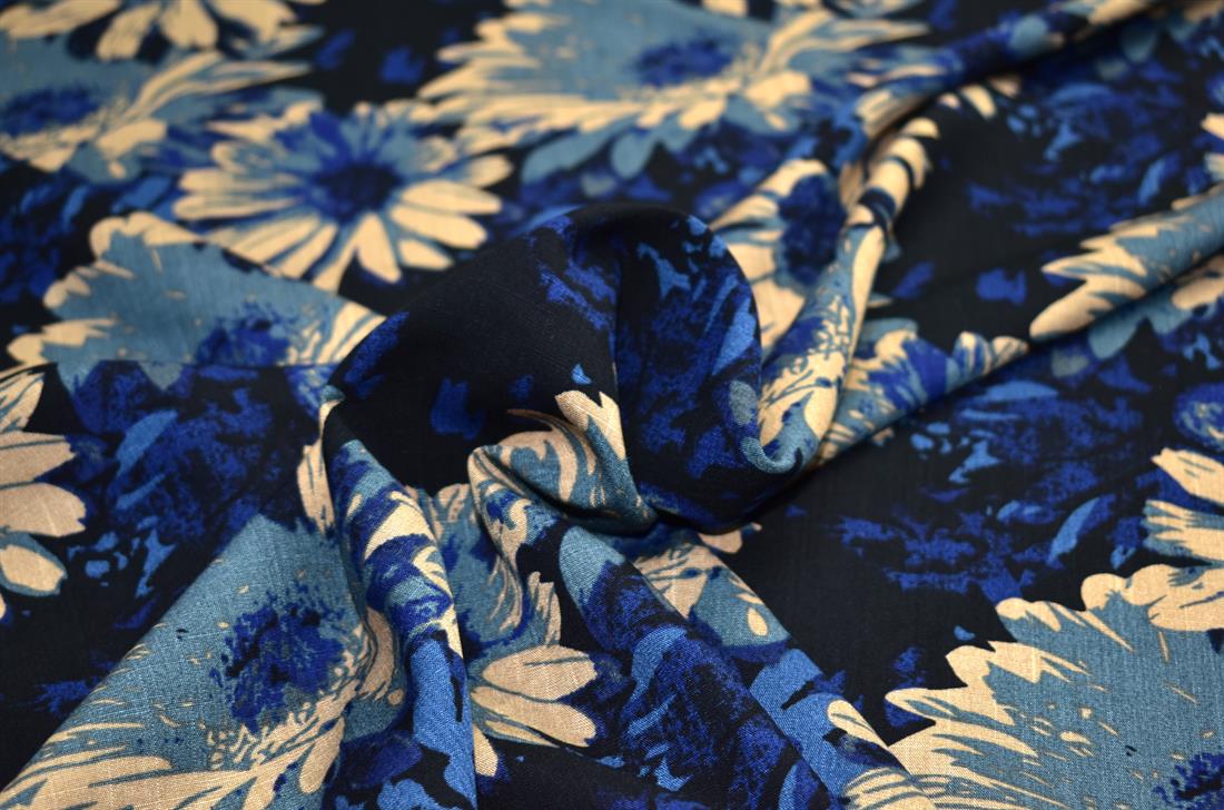 Navy & Beige Printed Floral 100% Viscose Fabric Material