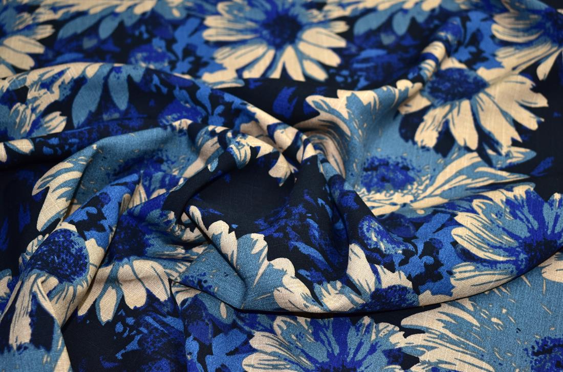 Navy & Beige Printed Floral 100% Viscose Fabric Material