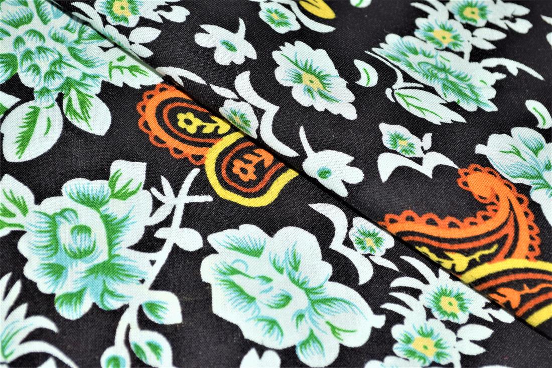 Black & Orange Printed 100% Viscose Fabric, Paisley Floral