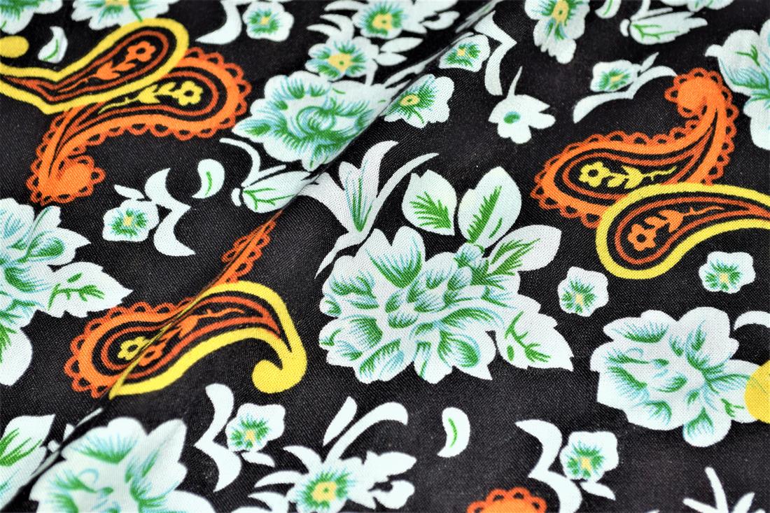 Black & Orange Printed 100% Viscose Fabric, Paisley Floral