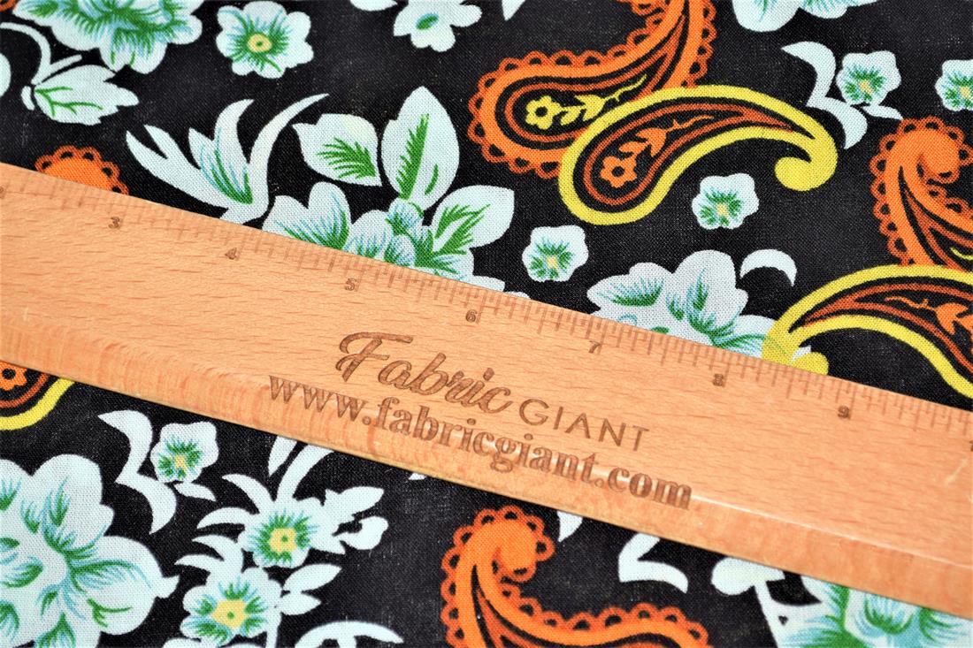 Black & Orange Printed 100% Viscose Fabric, Paisley Floral