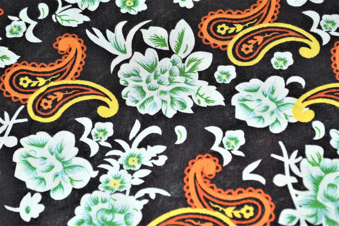 Black & Orange Printed 100% Viscose Fabric, Paisley Floral