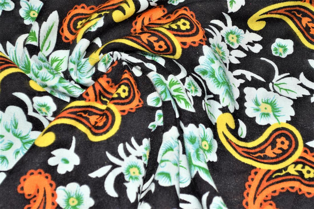 Black & Orange Printed 100% Viscose Fabric, Paisley Floral