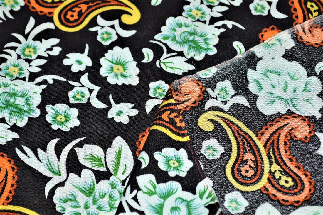 Black & Orange Printed 100% Viscose Fabric, Paisley Floral