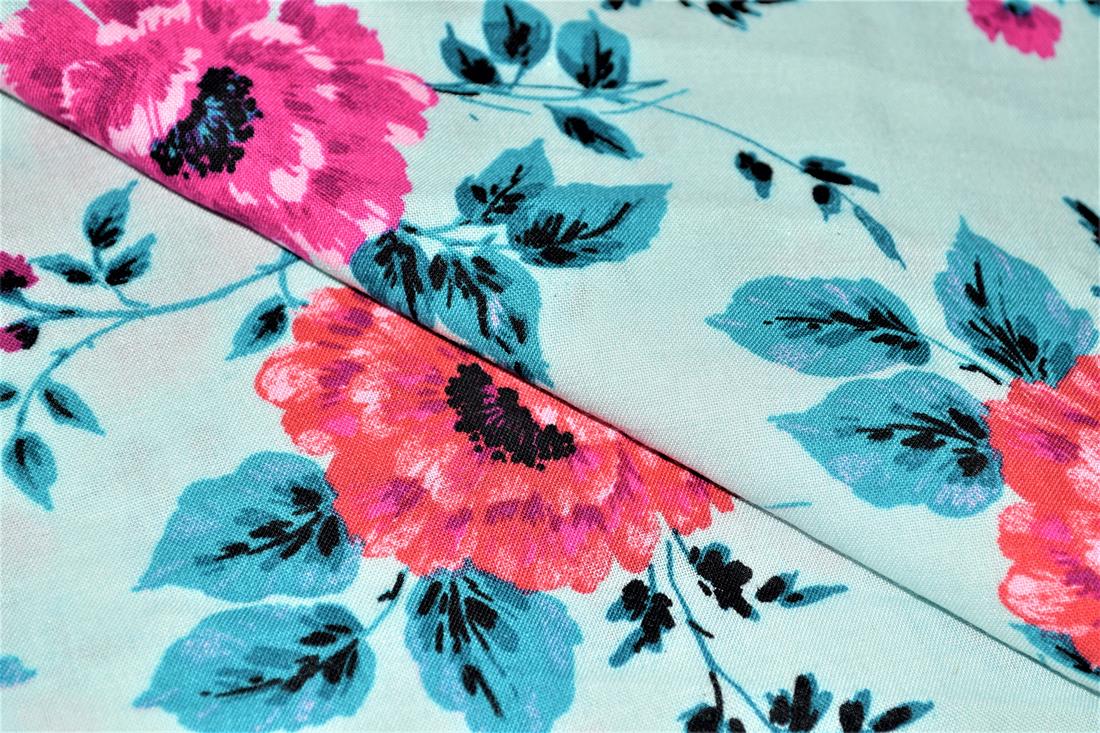 Sky Blue Printed 100% Viscose Fabric, Paisley Floral