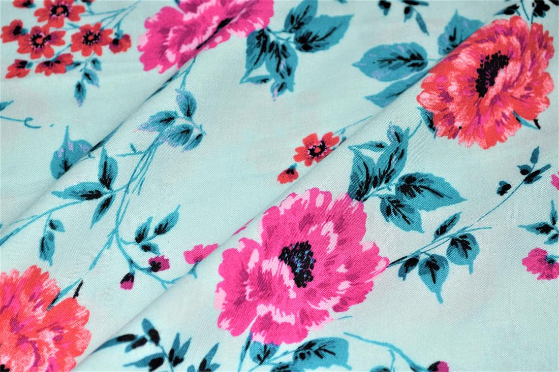 Sky Blue Printed 100% Viscose Fabric, Paisley Floral
