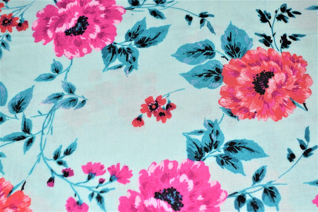 Sky Blue Printed 100% Viscose Fabric, Paisley Floral