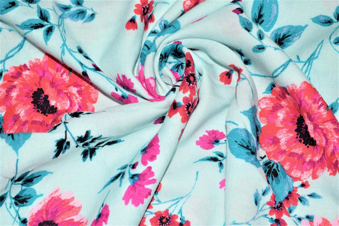 Sky Blue Printed 100% Viscose Fabric, Paisley Floral
