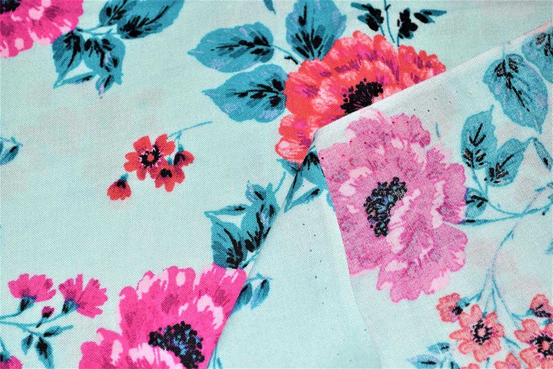 Sky Blue Printed 100% Viscose Fabric, Paisley Floral