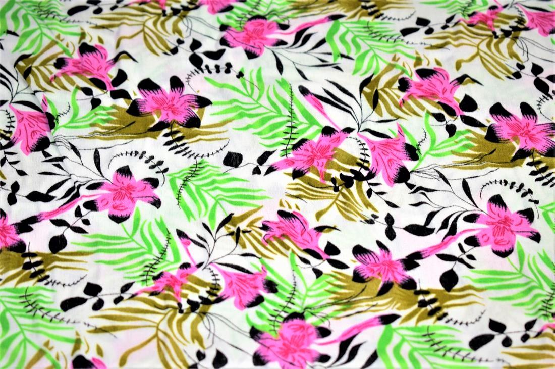 White & Green Floral Leaves Printed Viscose Fabric