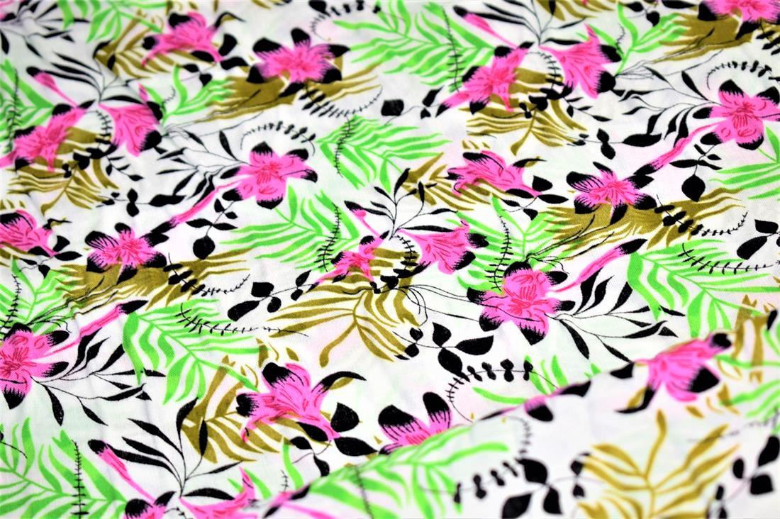 White & Green Floral Leaves Printed Viscose Fabric