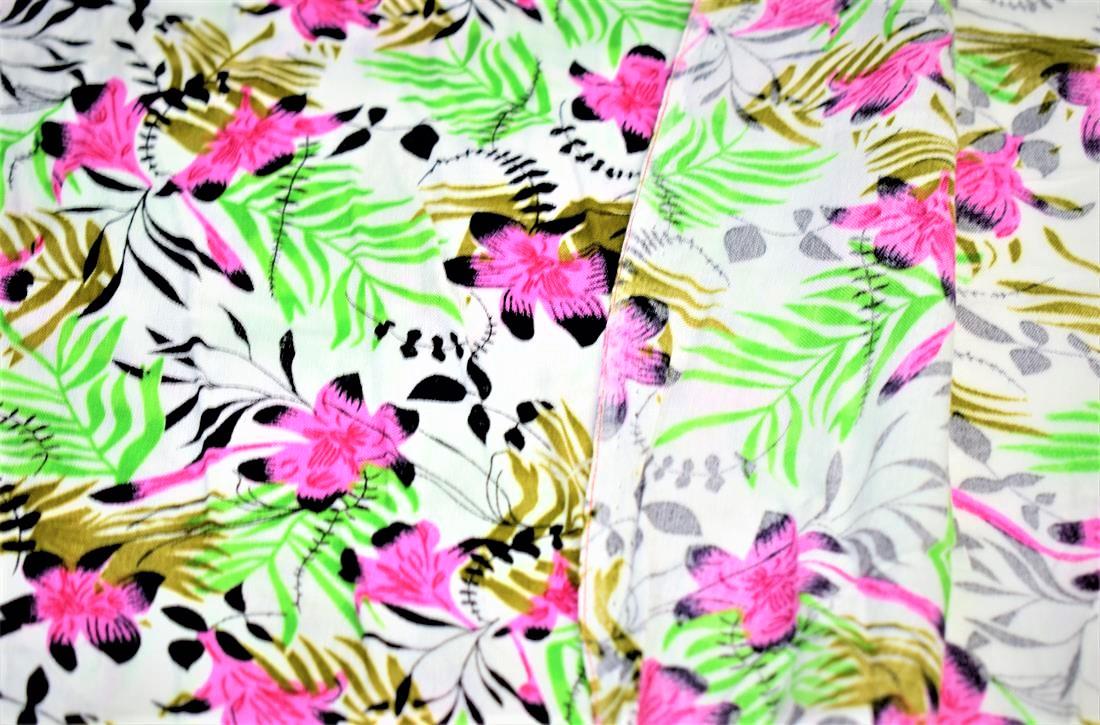 White & Green Floral Leaves Printed Viscose Fabric