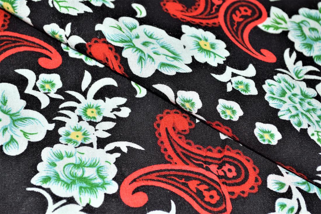 Black & Red Printed 100% Viscose Fabric, Floral