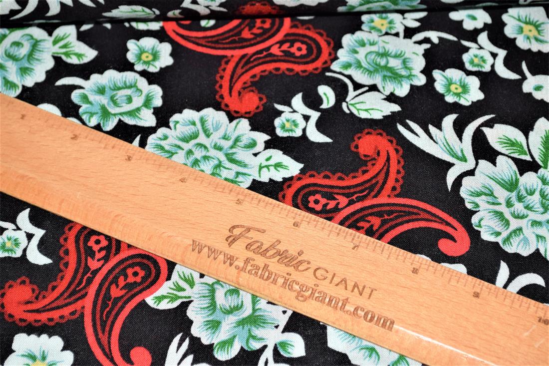 Black & Red Printed 100% Viscose Fabric, Floral